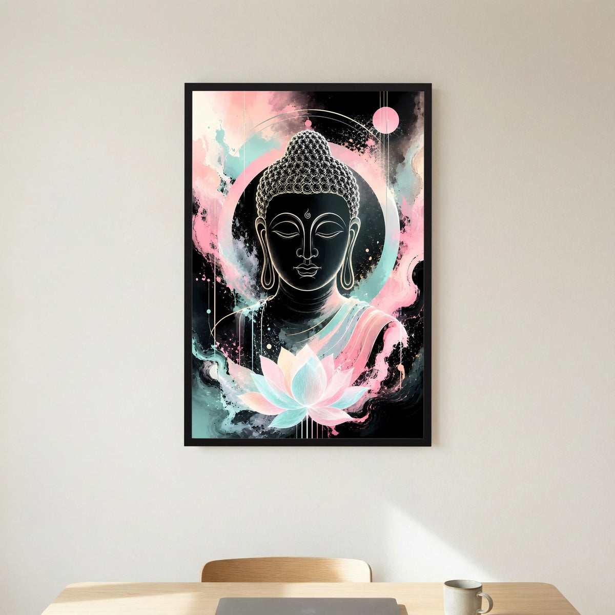 Buddha-Poster im Hochformat mit Lotusblüte, abstrakten Spritzern und schwarzem Rahmen
