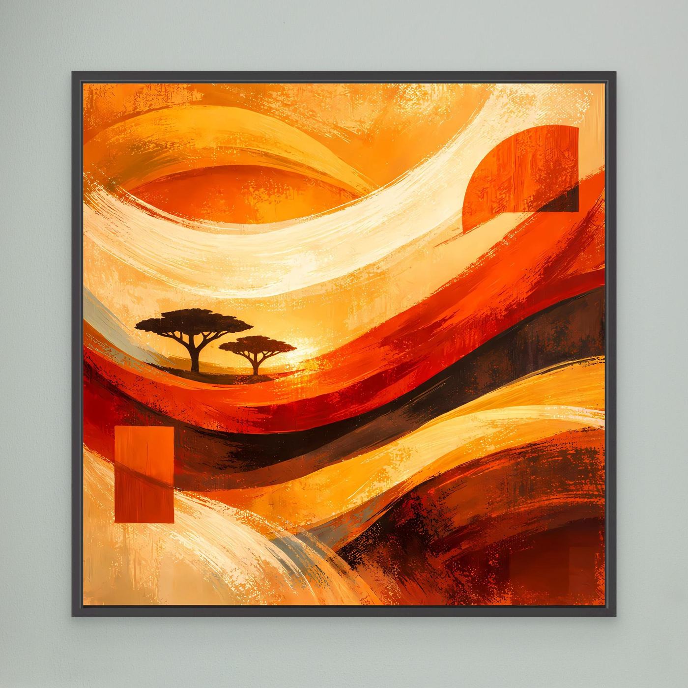 Gerahmtes Leinwandbild mit abstrakter Savannen-Szene in Orange und Rot, Silhouettenbaum im Sonnenuntergang