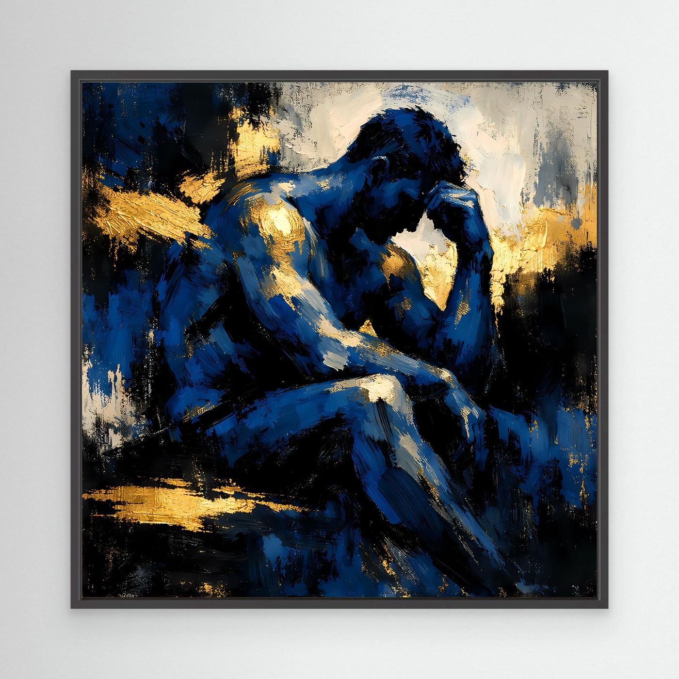 Leinwand Der Denker in Blau | Abstraktes Männersilhouette Wandbild Gold