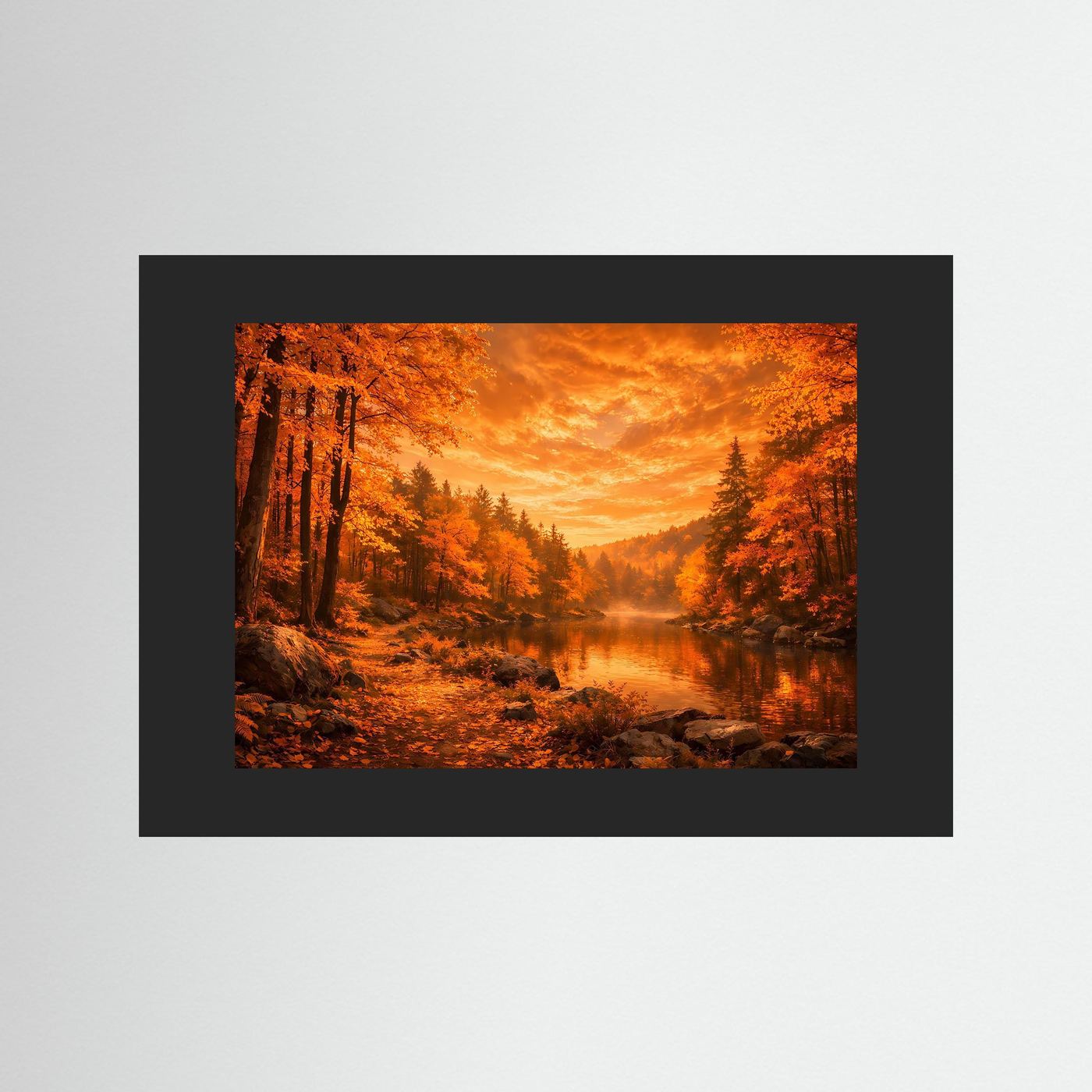 Herbst-Wandbild mit Fluss und Wald bei goldenem Abendhimmel, schwarzer Rahmen