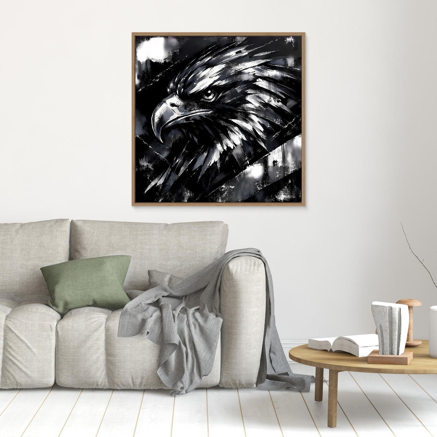 Quadratisches Leinwand-Wandbild mit Adlerkopf in Schwarzweiß, goldbrauner Rahmen