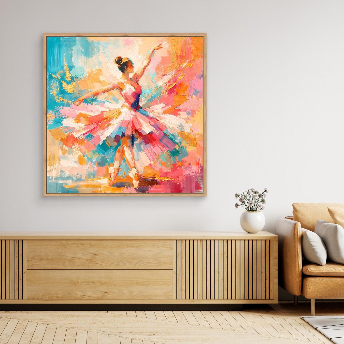 Abstraktes Leinwandbild mit Ballerina in bunten Pinselstrichen, goldener Rahmen