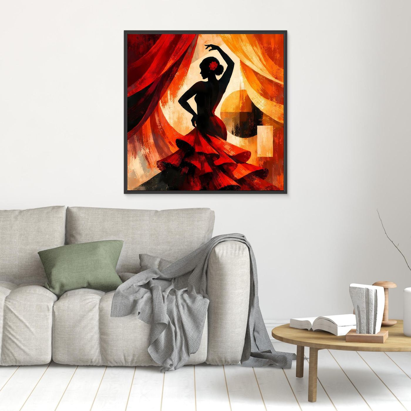 Kleines Leinwandbild im schwarzen Rahmen: schwarze Flamenco-Silhouette mit roter Blume, Rot/Orange