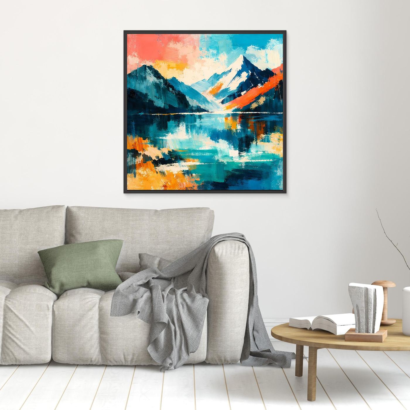 Kleines gerahmtes Leinwand-Wandbild mit abstrakter Bergwelt und See, schwarzer Rahmen