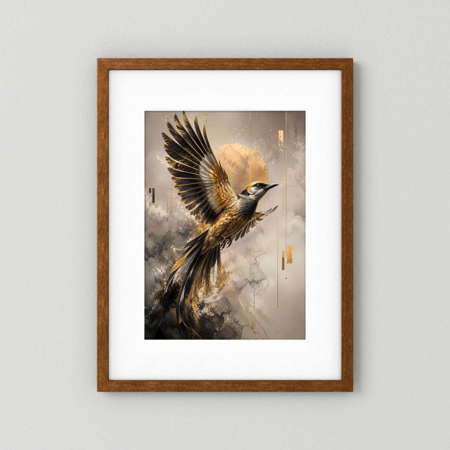 Hochformat-Kunstposter: Paradiesvogel im Flug, Schwarz und Gold, braune Einrahmung