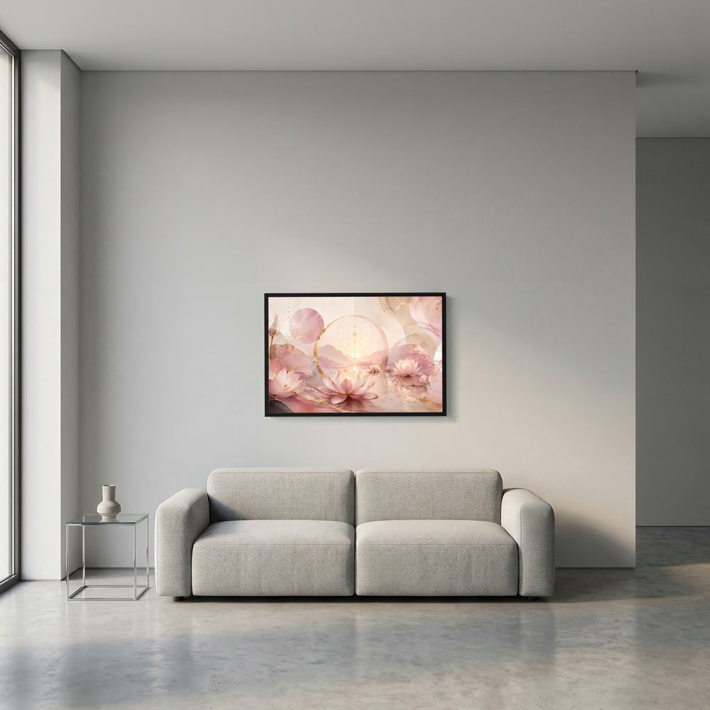 Wandbild im Querformat: kleines gerahmtes Poster mit rosa Lotusblüten und goldenen Kreisen