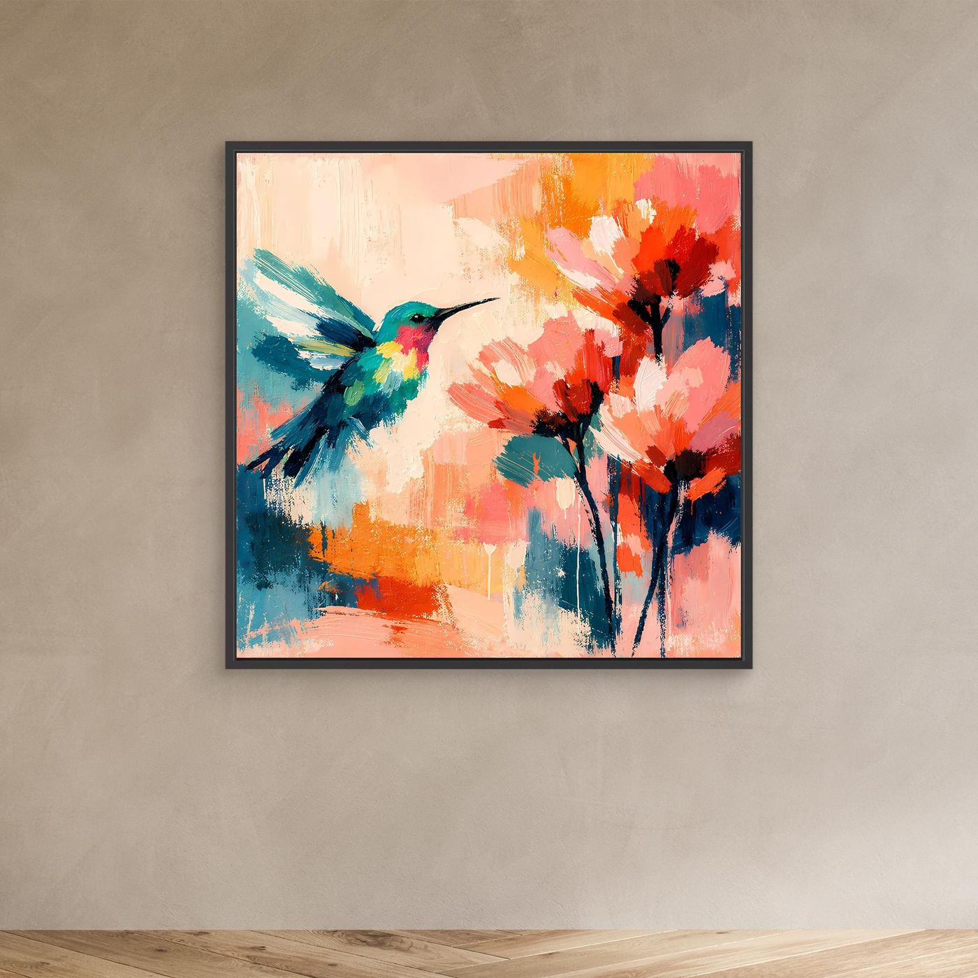 Abstract canvas hummingbird wall art with colorful flowers, black frame