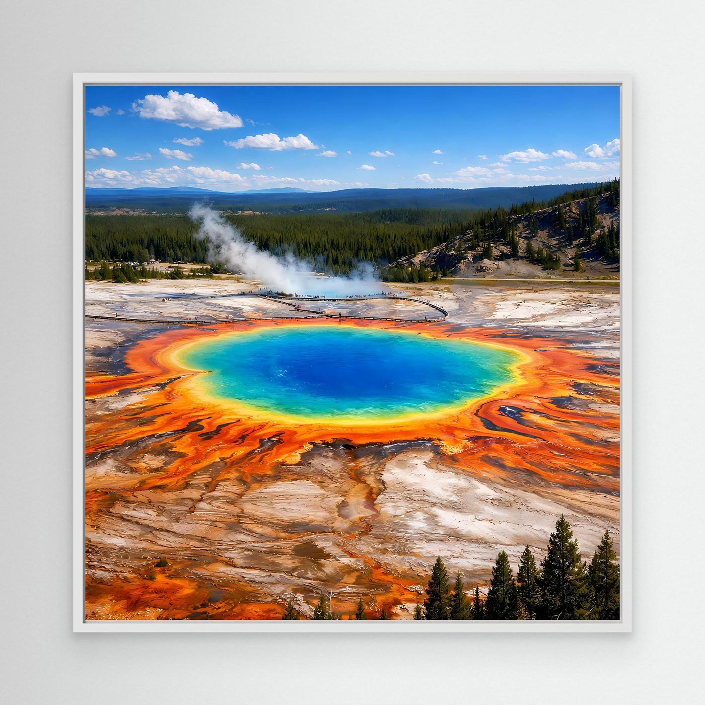 Leinwandbild Grand Prismatic Spring mit blaugrünem Becken und aufsteigendem Dampf, ohne Rahmen