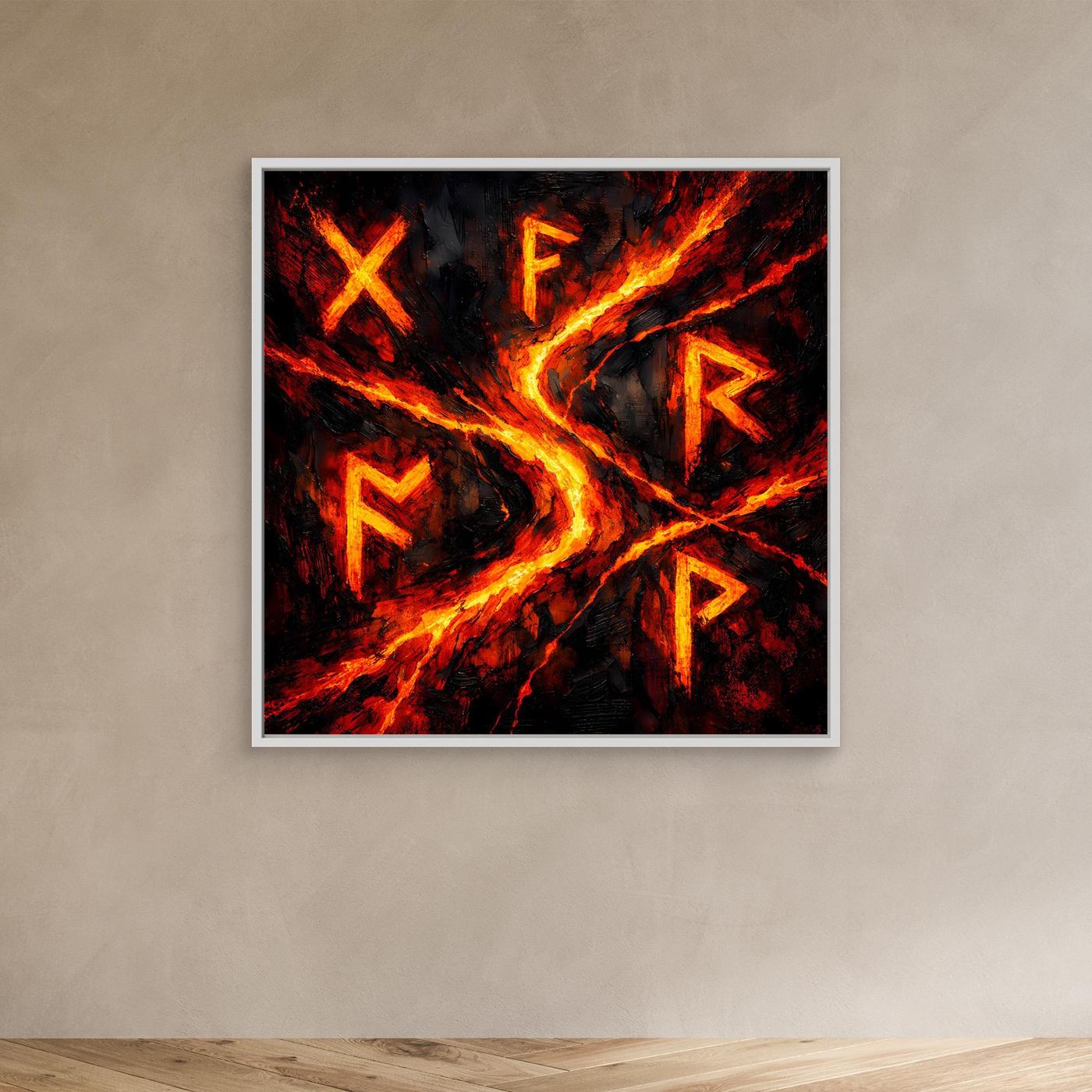 Wandbild mit mystischen Runen, mit weißem Rahmen; schwarzer Hintergrund, leuchtende Rot-Orange Flammen