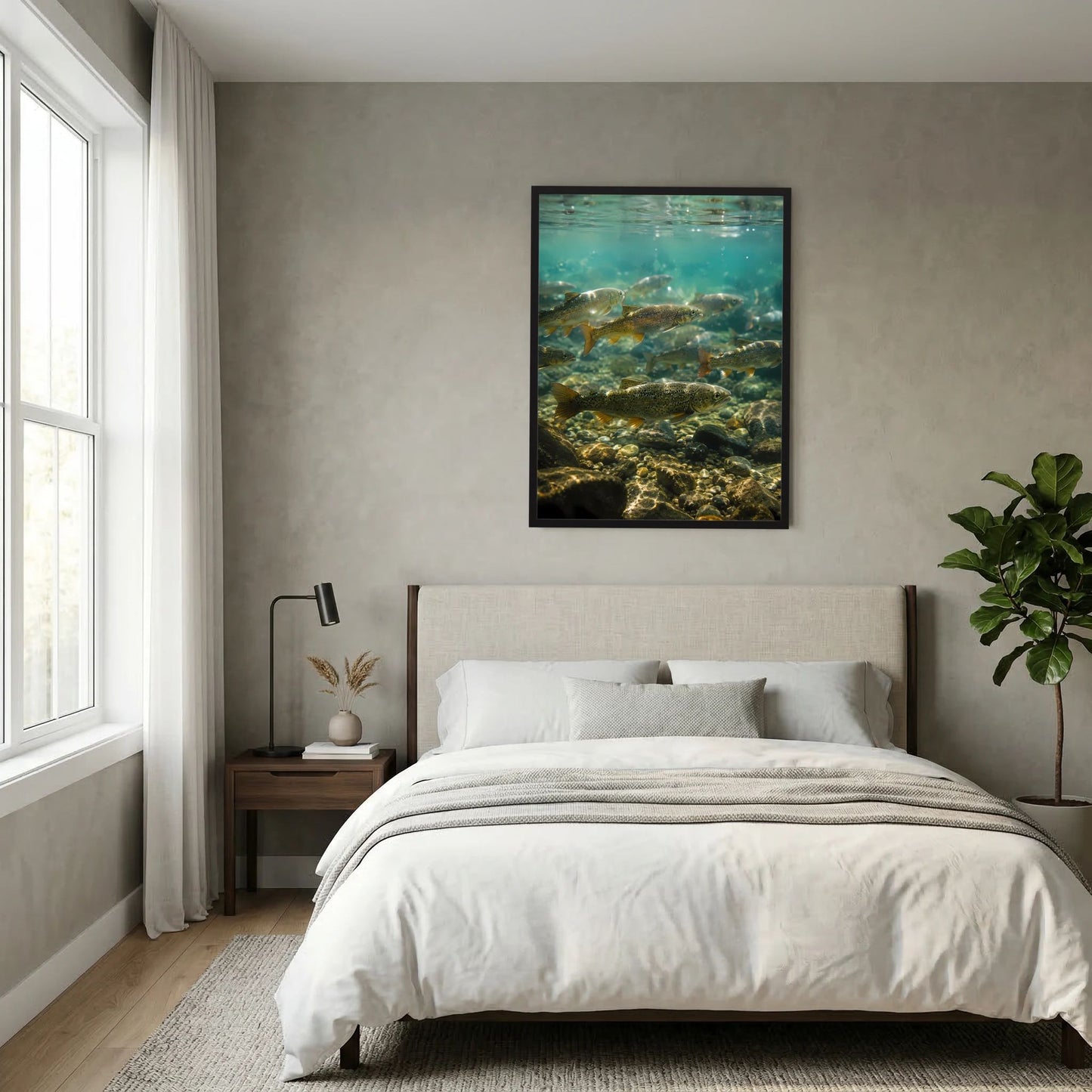 Hochformat-Wandposter mit Forellenmotiv: Unterwasserblick auf klare Strömung und Steine