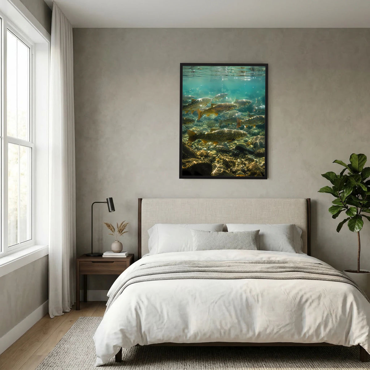 Hochformat-Wandposter mit Forellenmotiv: Unterwasserblick auf klare Strömung und Steine