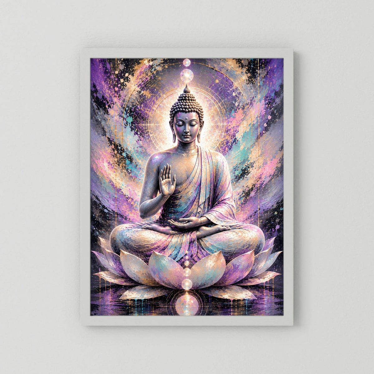 Posterprint mit sitzendem Buddha im Pastellstil, Lotus und Lichtring, ohne Rahmen