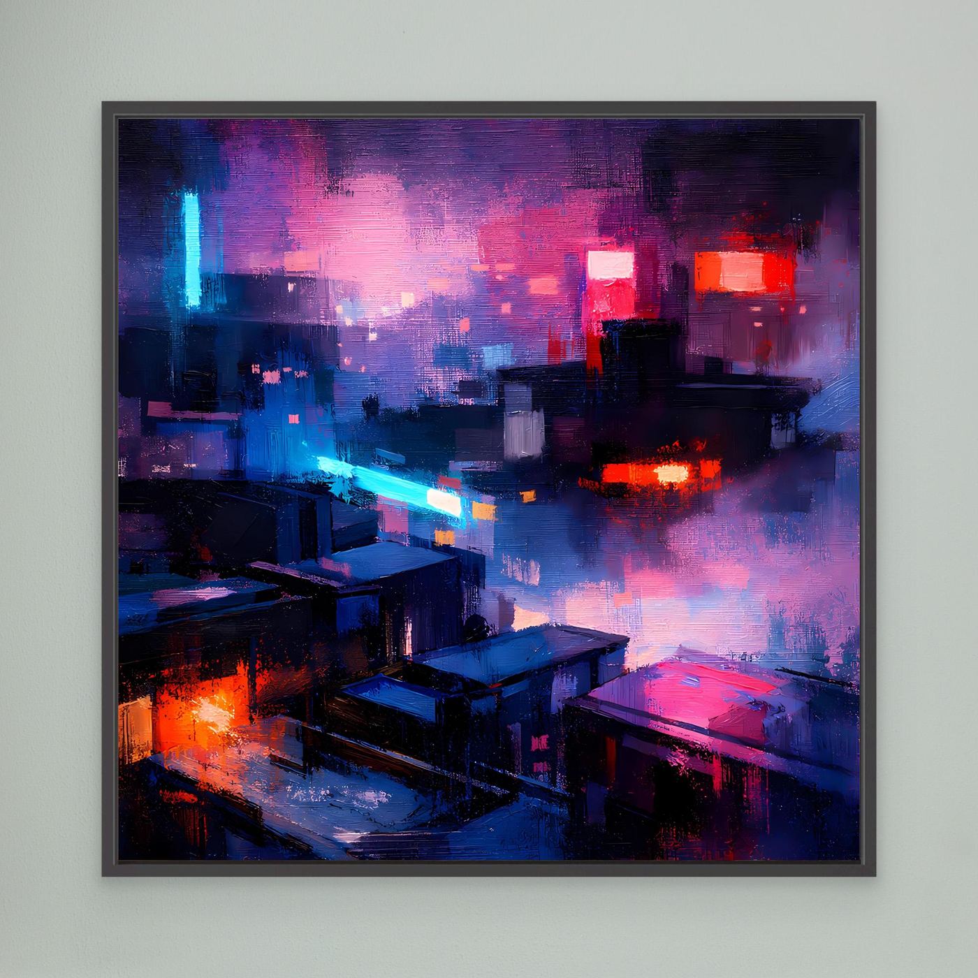 Leinwand Cyberpunk City bei Nacht | Modernes Neon-Dystopie Wandbild auf echter Leinwand