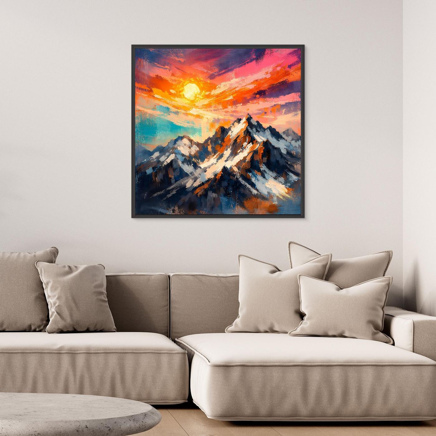 Leinwand Alpenglühen an verschneiten Berggipfeln | Abstraktes Gebirge Wandbild