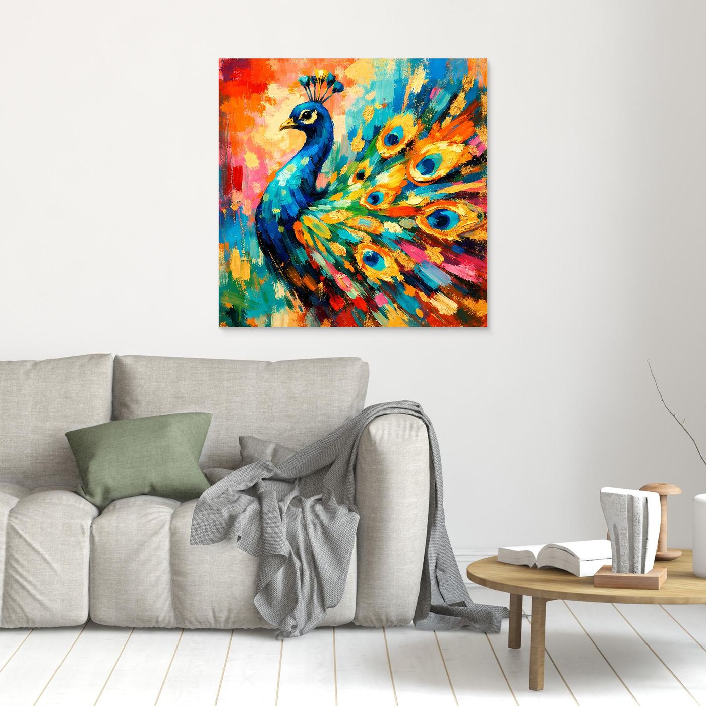 Leinwandbild mit Pfau-Motiv, abstrakte Farben und Pfauenaugen, brauner Rahmen
