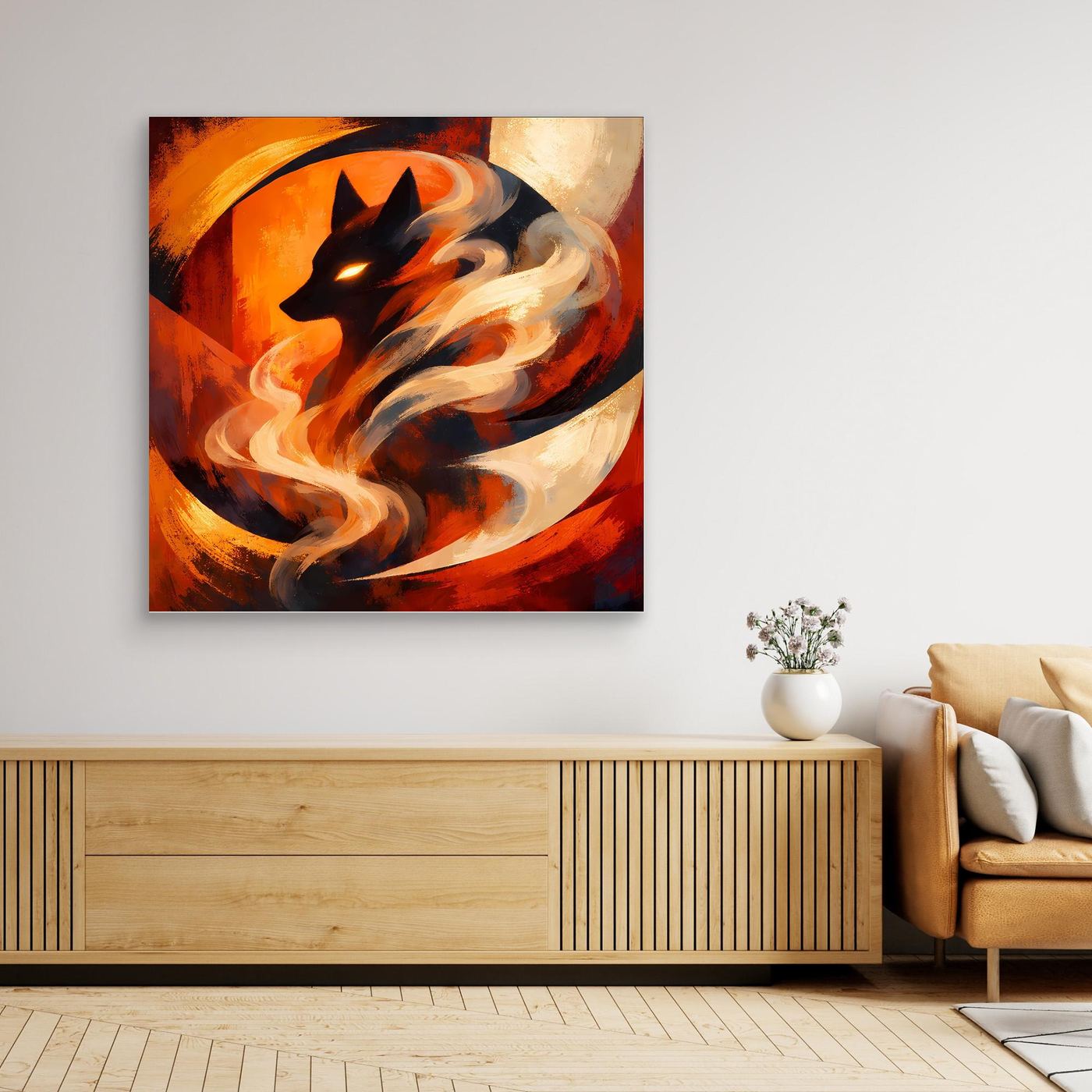 Leinwand-Wandbild mit Holzrahmen: Wolf im Feuernebel, orange-rote Wirbel