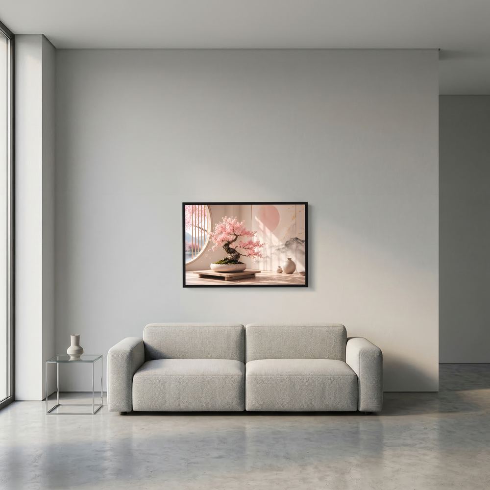 Gerahmtes Poster im Querformat mit Sakura-Bonsai und rosafarbenen Blüten an der Wand.