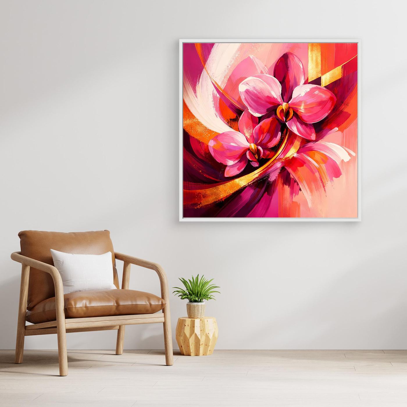 Gerahmtes Leinwandbild mit schwarzem Rahmen und abstrakten Orchideenblüten