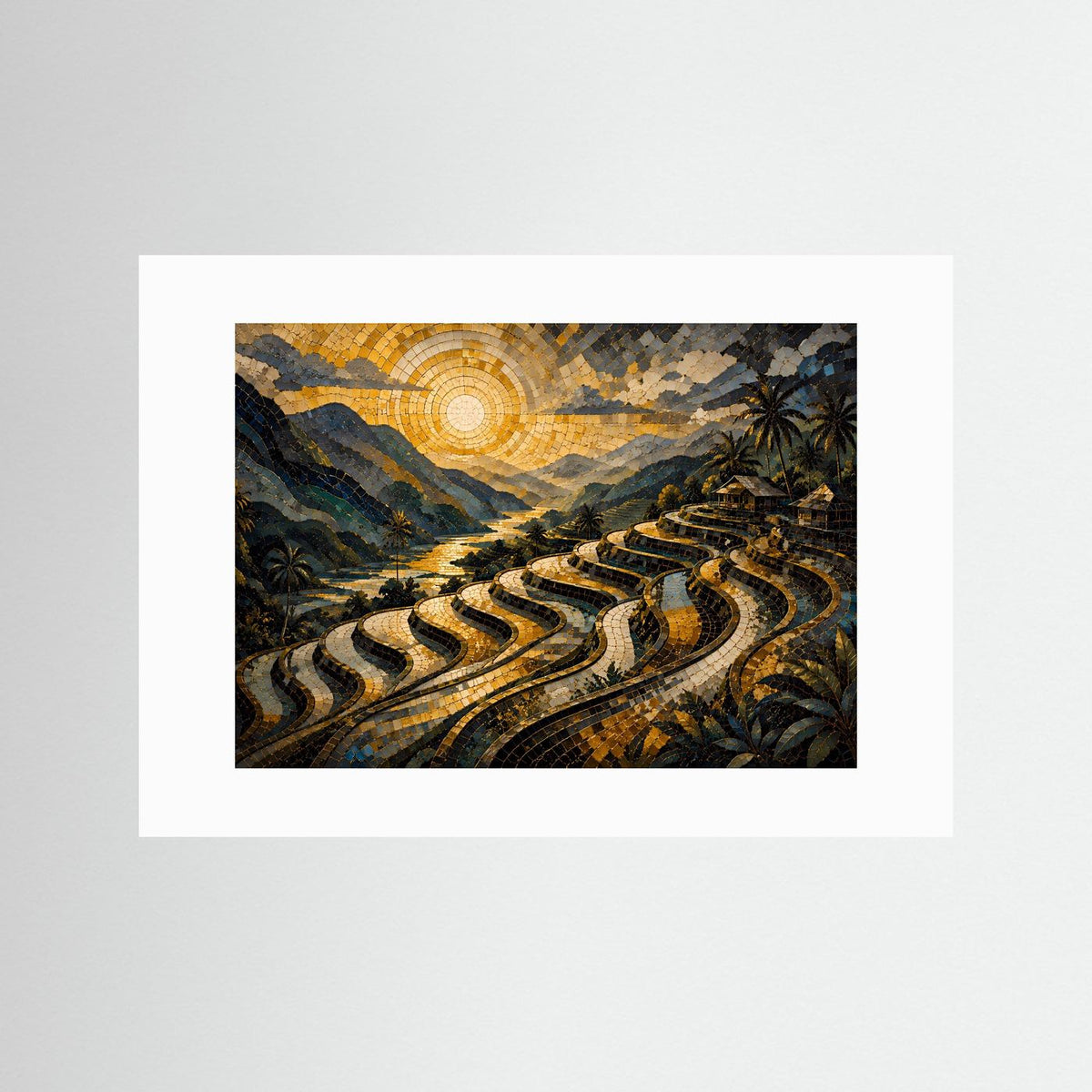 Poster mit weißem Passepartout: Mosaik-Landschaft mit goldener Sonne und Reisterrassen