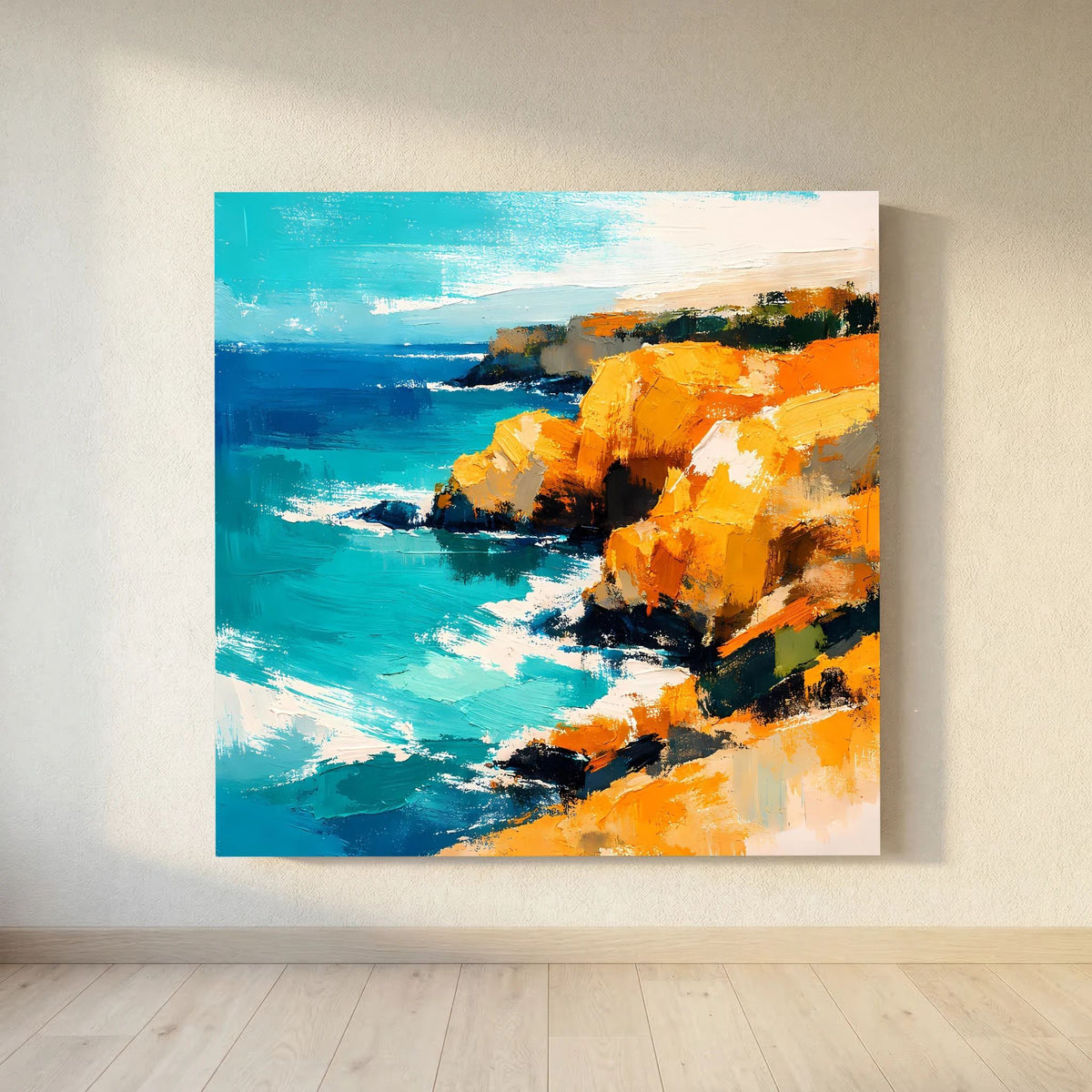 Leinwand Abstraktes Steilküsten Gemälde | Modernes Mediterranes Meeres Wandbild Blau Gelb