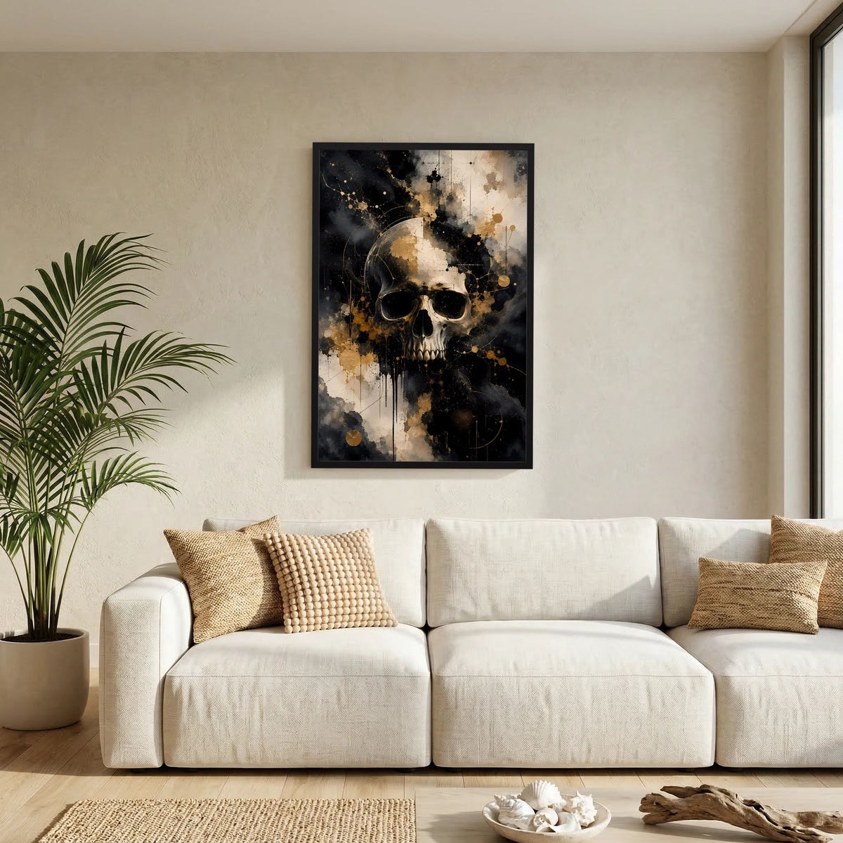 Schwarz gerahmtes Totenkopf-Poster im Hochformat, abstrakt in schwarz, weiß und gold