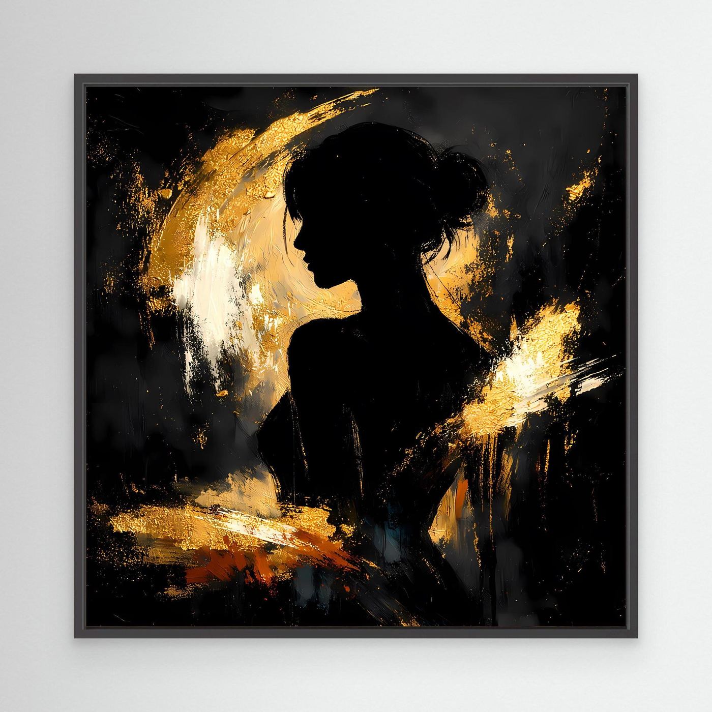 Leinwand Elegante Silhouette in Gold und Schwarz | Modernes Abstraktes Frauen Portrait Wandbild