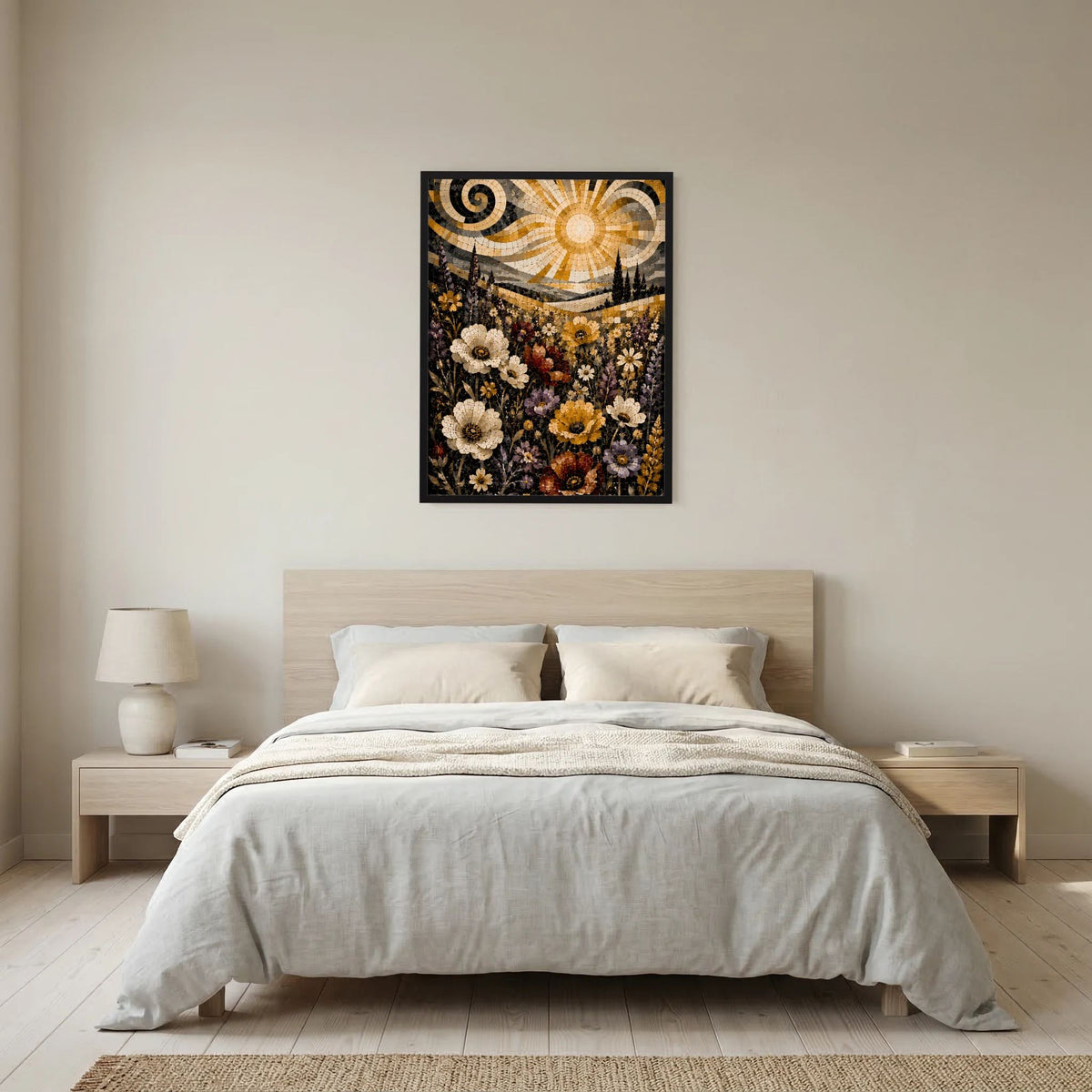 Hochformat-Poster mit Blumenmosaik, goldener Sonne und goldenen Wirbeln im schwarzen Rahmen