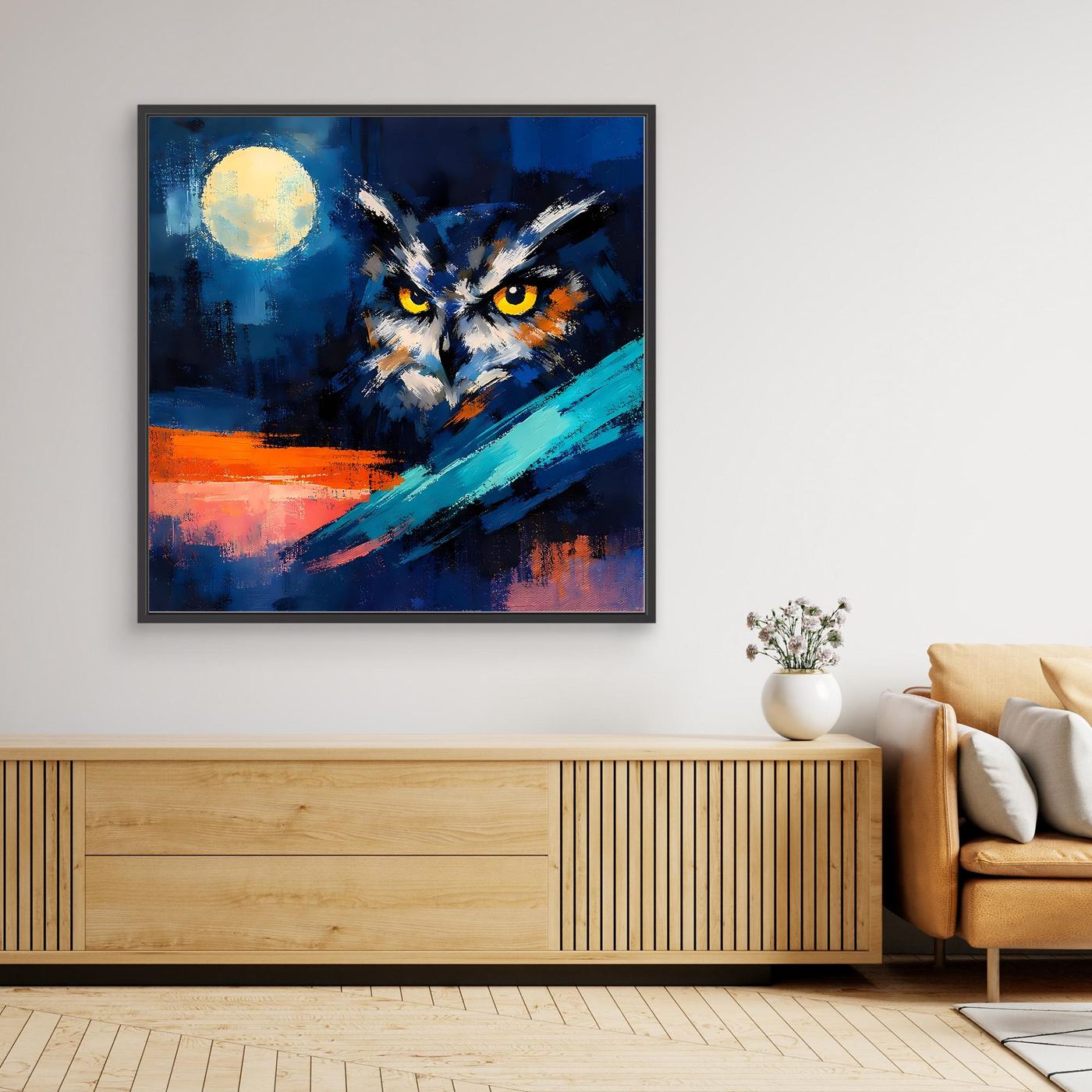 Premium Leinwand Mystische Eule bei Vollmond | Abstraktes Kunst Poster Modernes Nacht Wandbild
