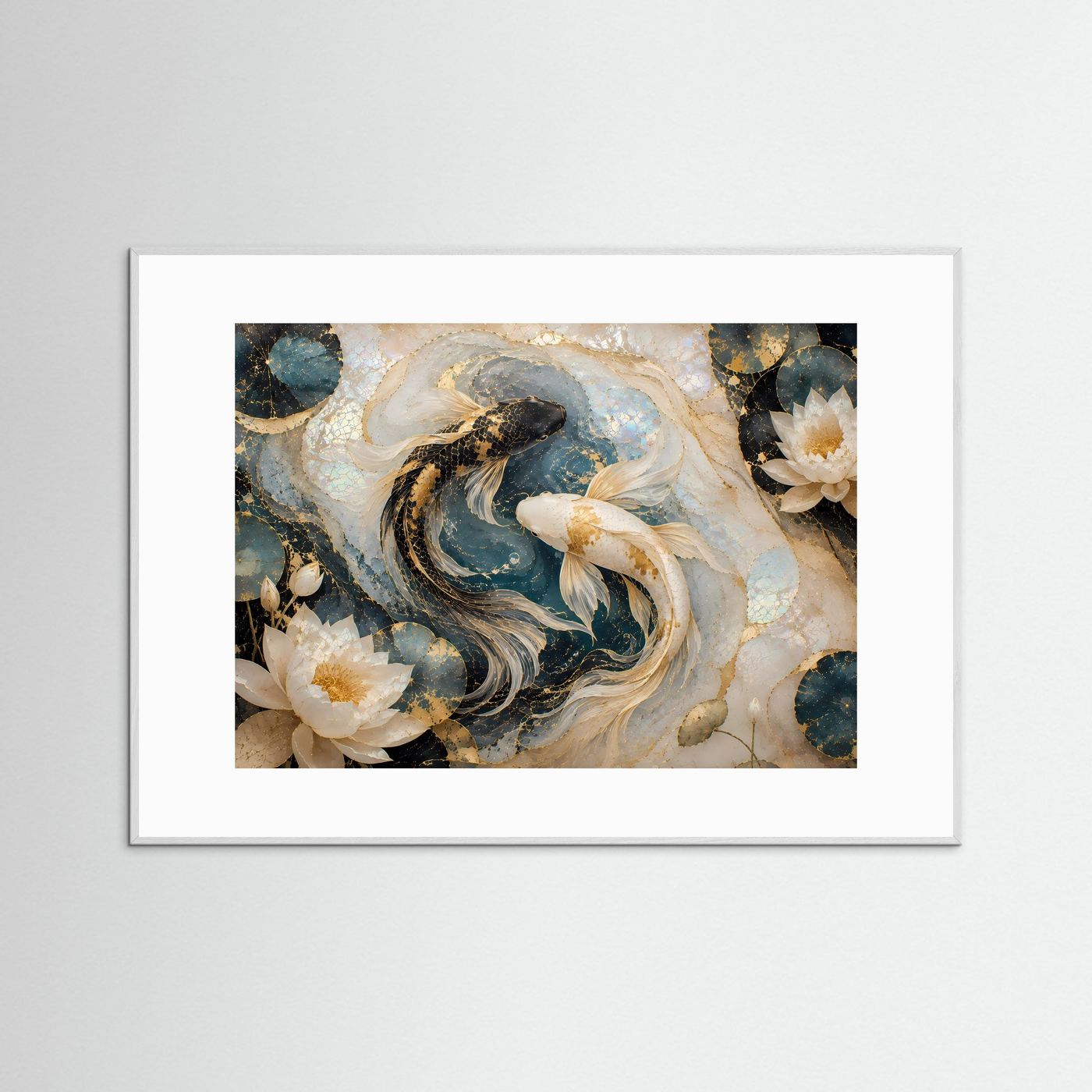 Japanisches Kunstposter mit Koi-Fischen und Lotusblüten, silbergrau gerahmt, Querformat