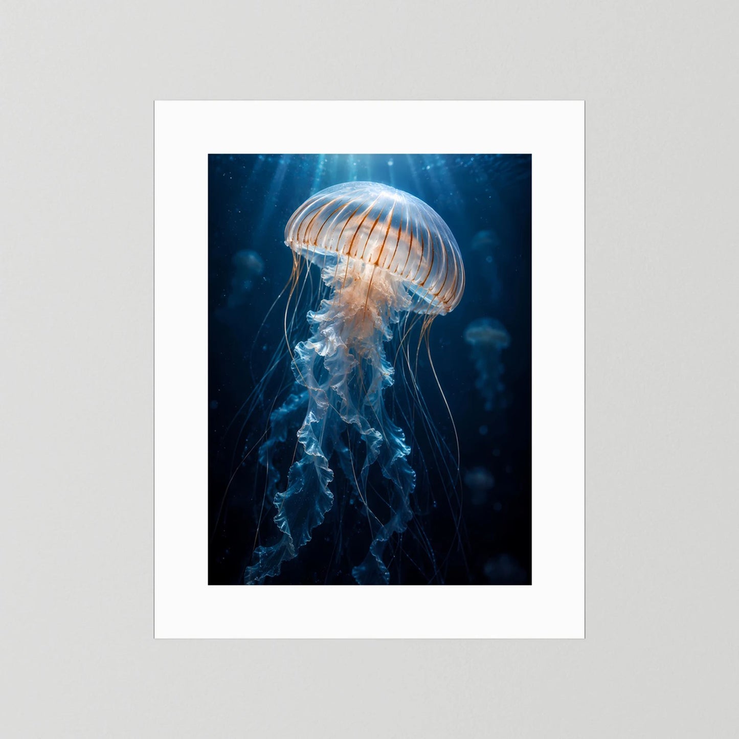 Poster mit Qualle unter Wasser, blau, weißer Rand