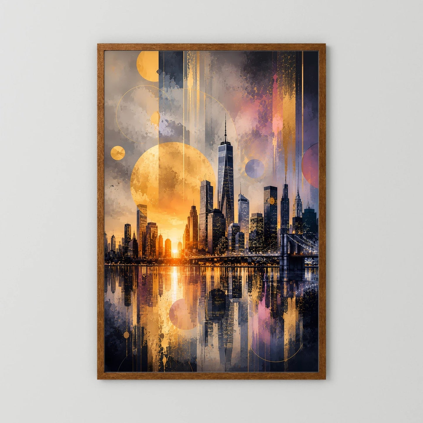 Abstraktes Poster (Hochformat) mit Skyline über Spiegelwasser, goldene Kreise, brauner Rahmen