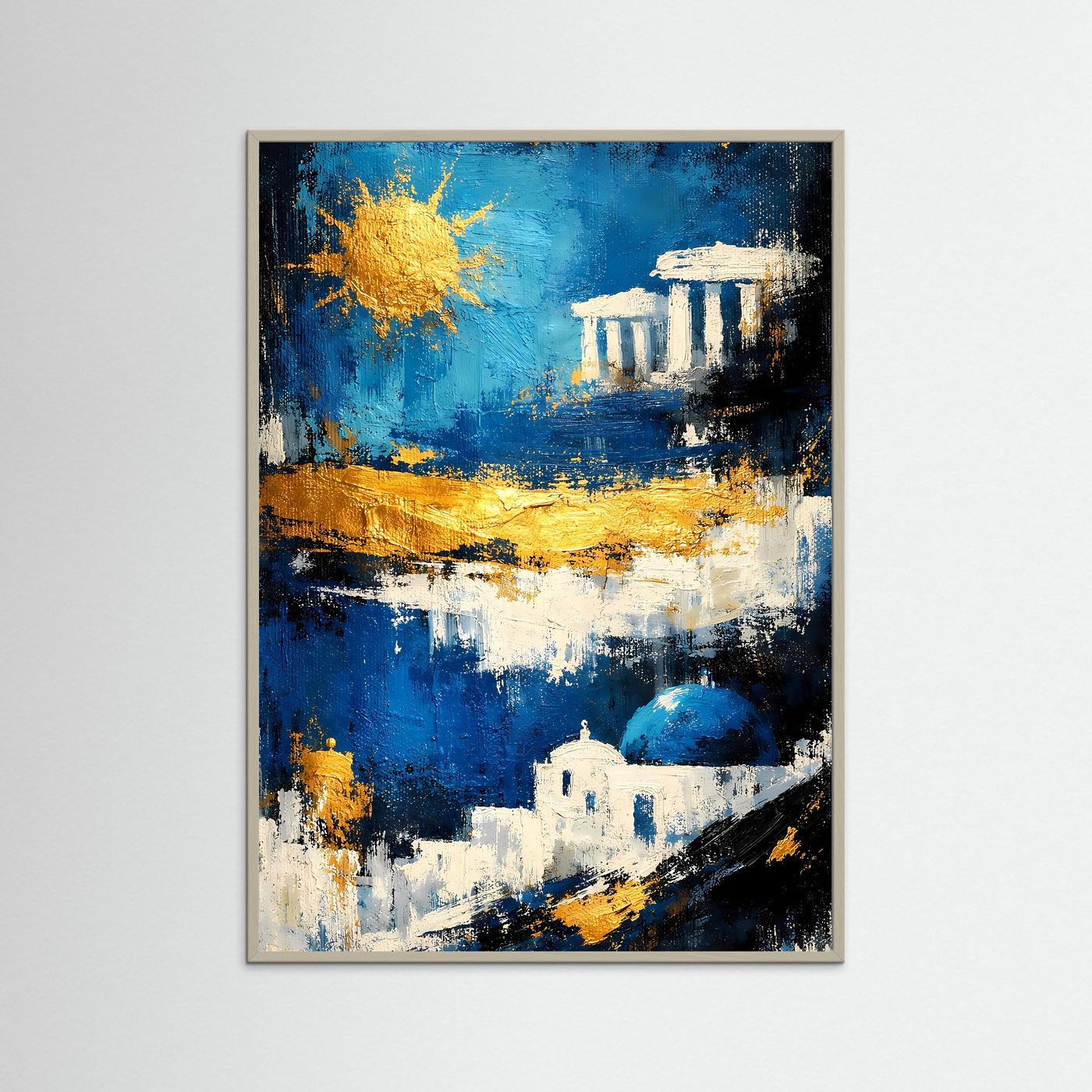 Gerahmtes abstraktes Poster mit blauem Hintergrund, goldener Sonne und weißen Tempel-Säulen.