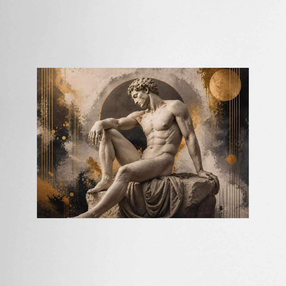 Poster mit antiker männlicher Sitzstatue, abstraktes Gold-und-Beige-Design.