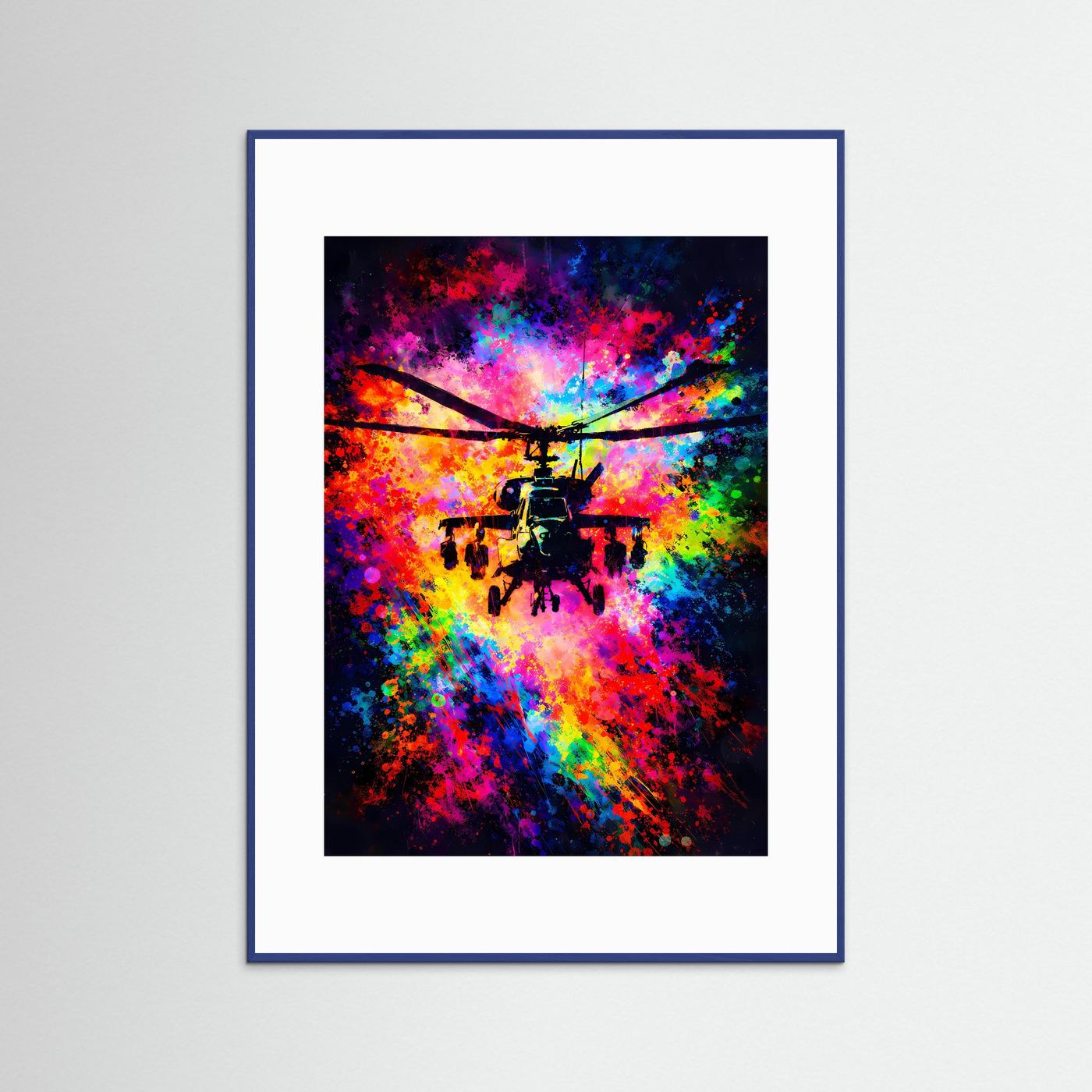 Explosive Dynamik | Helikopter Poster in bunten Neon-Farben & Graffiti-Optik | Abstraktes Kunstposter Hochformat