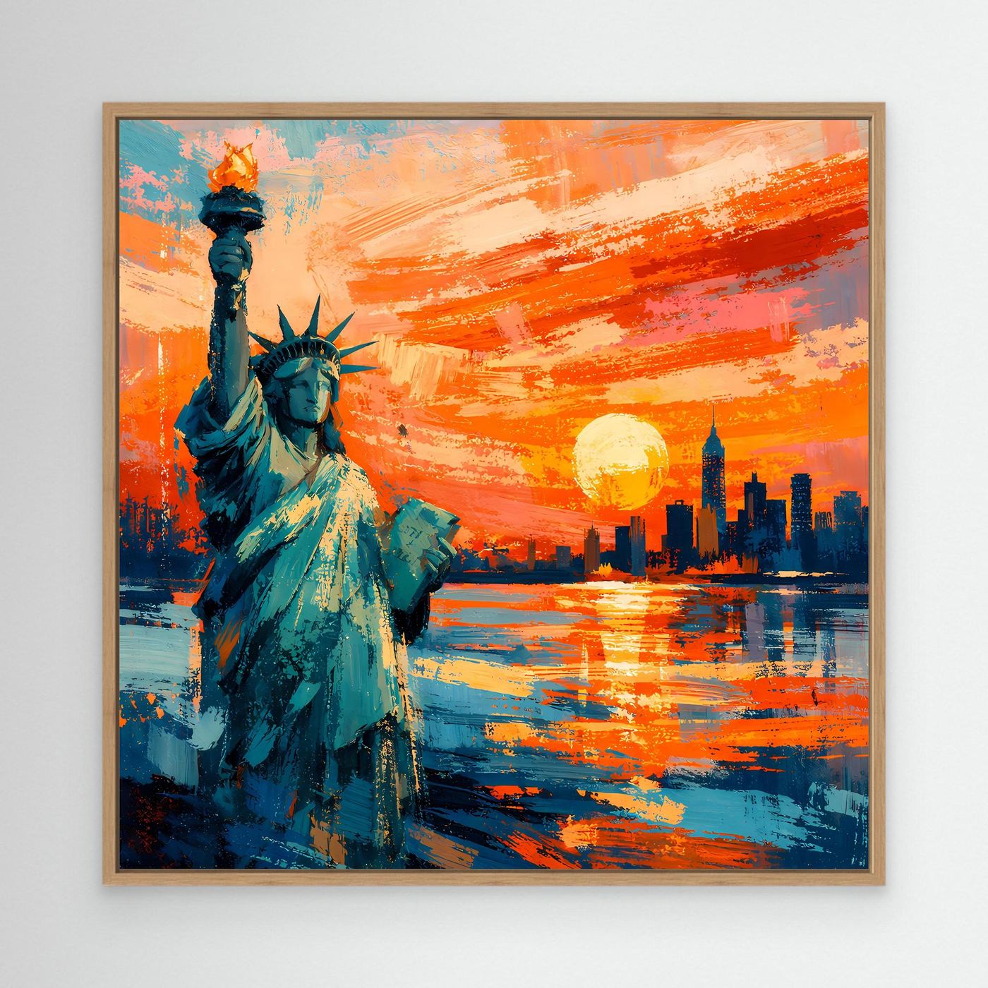 Leinwand-Wandbild mit Freiheitsstatue in Blaugrün, orangefarbener Himmel, goldene Sonne, Eichenrahmen