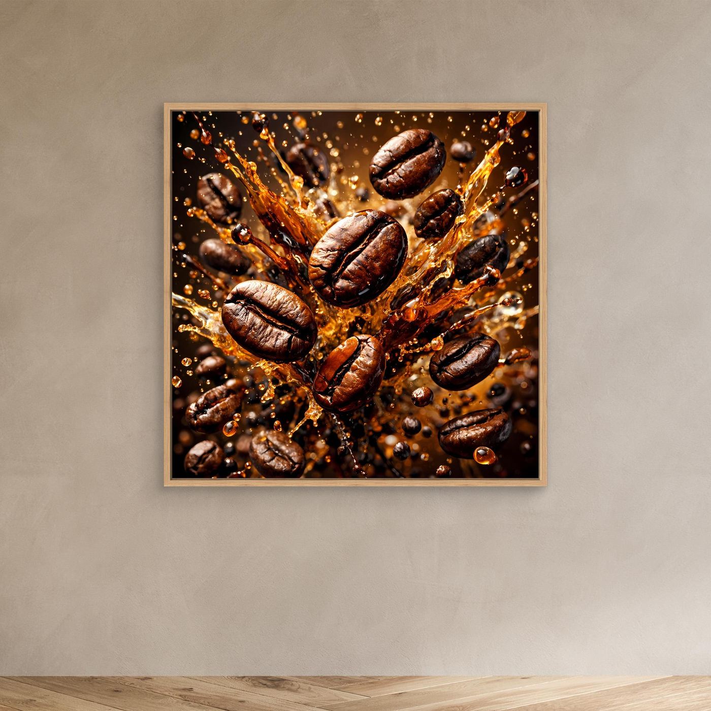 Leinwandbild mit Kaffeebohnen-Splash im Holzrahmen, braun-goldenes Spritzmotiv