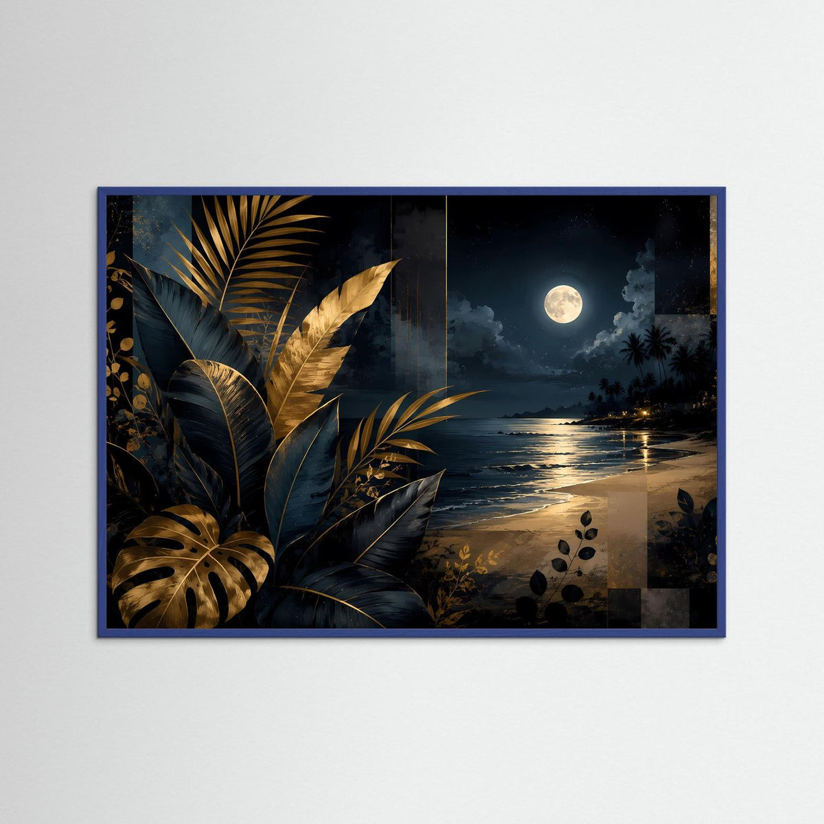 Querformat-Poster im blauen Rahmen mit goldenen Tropenblättern und Vollmond über ruhigem Wasser.