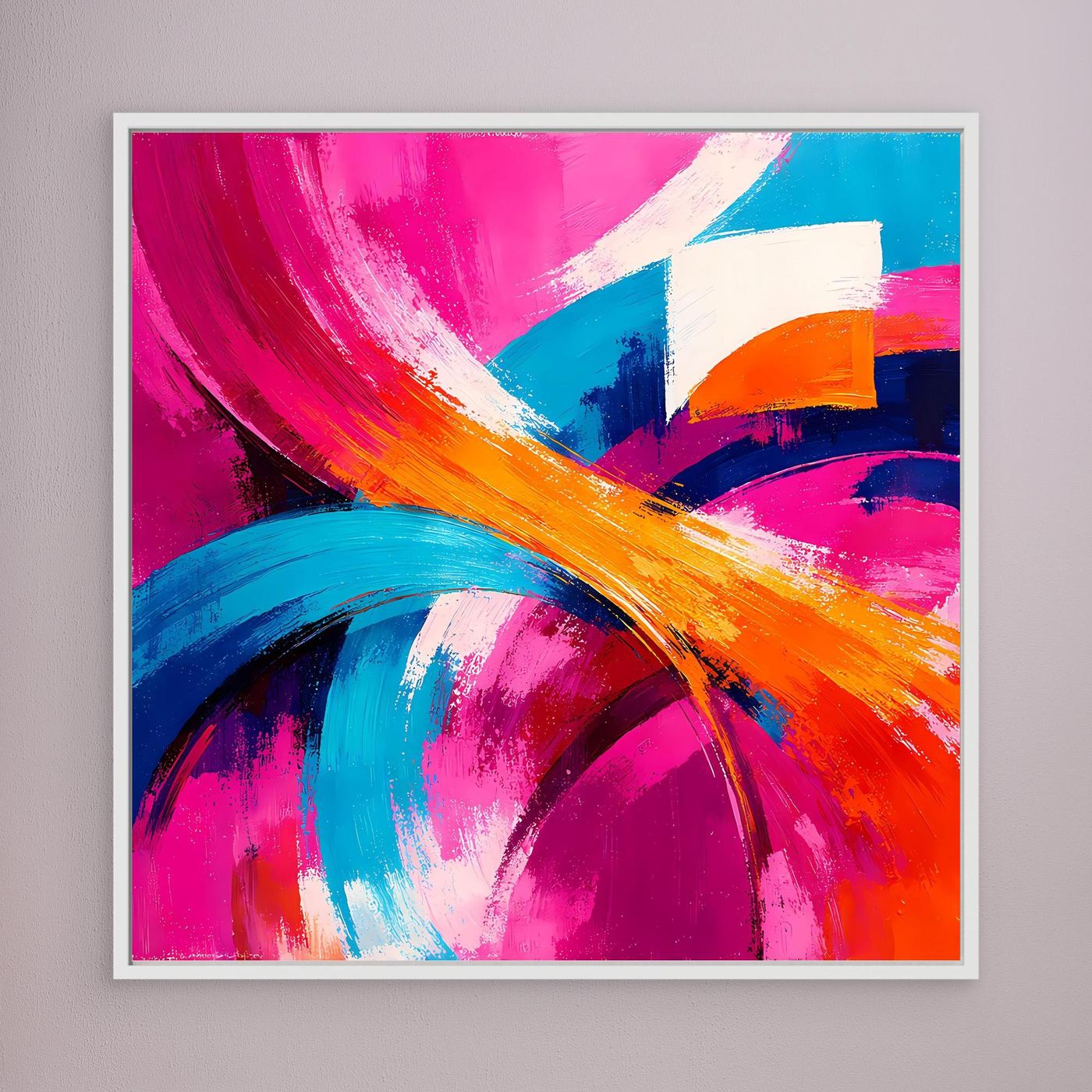 Quadratisches Wandbild: magenta, blau, orange, diagonaler orangefarbener Strich, weißer Rahmen
