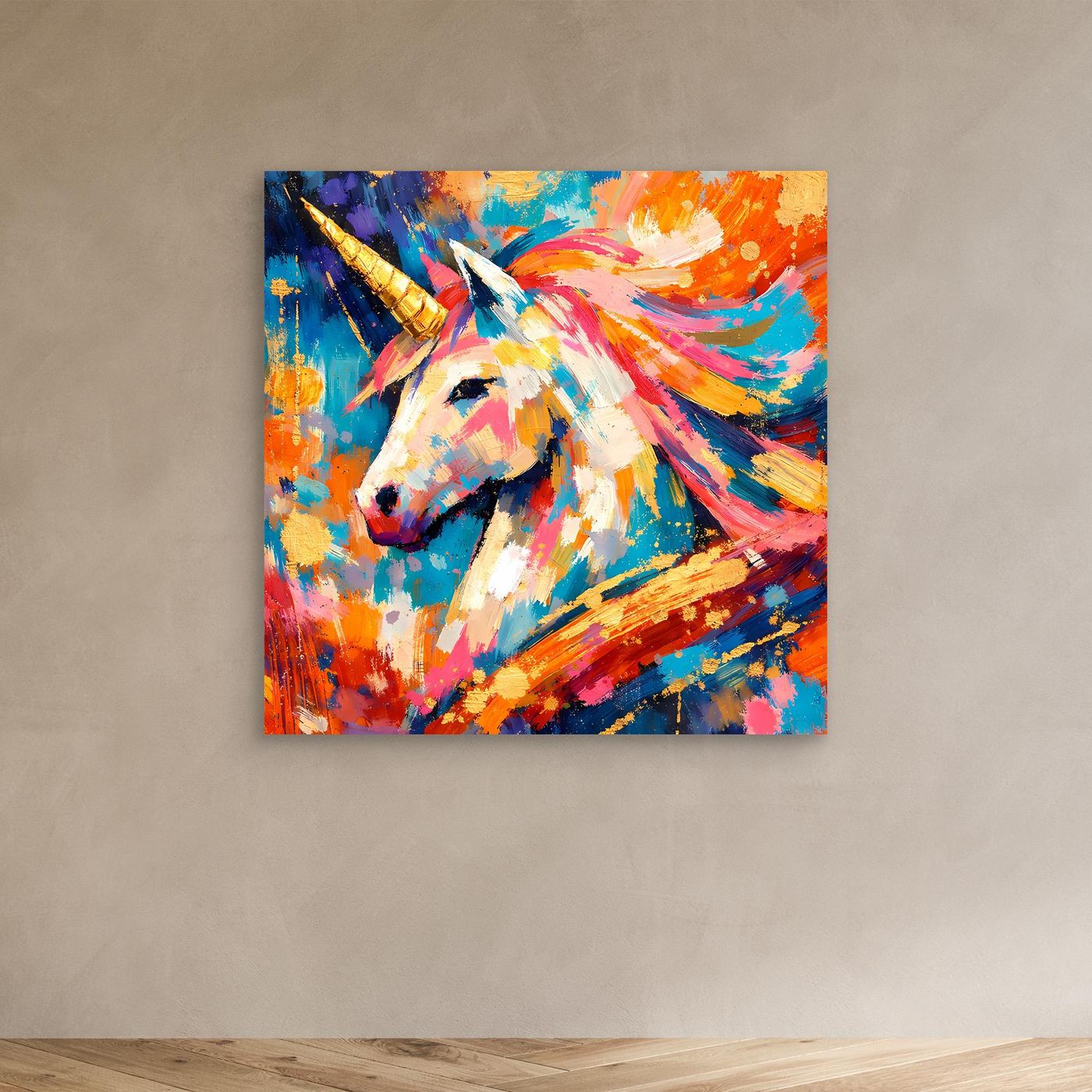 Leinwandbild mit abstraktem Einhorn, goldenes Horn, bunte Pinselstriche