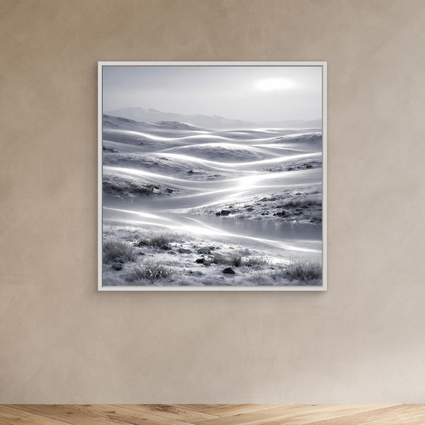 Leinwandbild Winterlandschaft mit weißem Rahmen, minimalistische Schneelandschaft