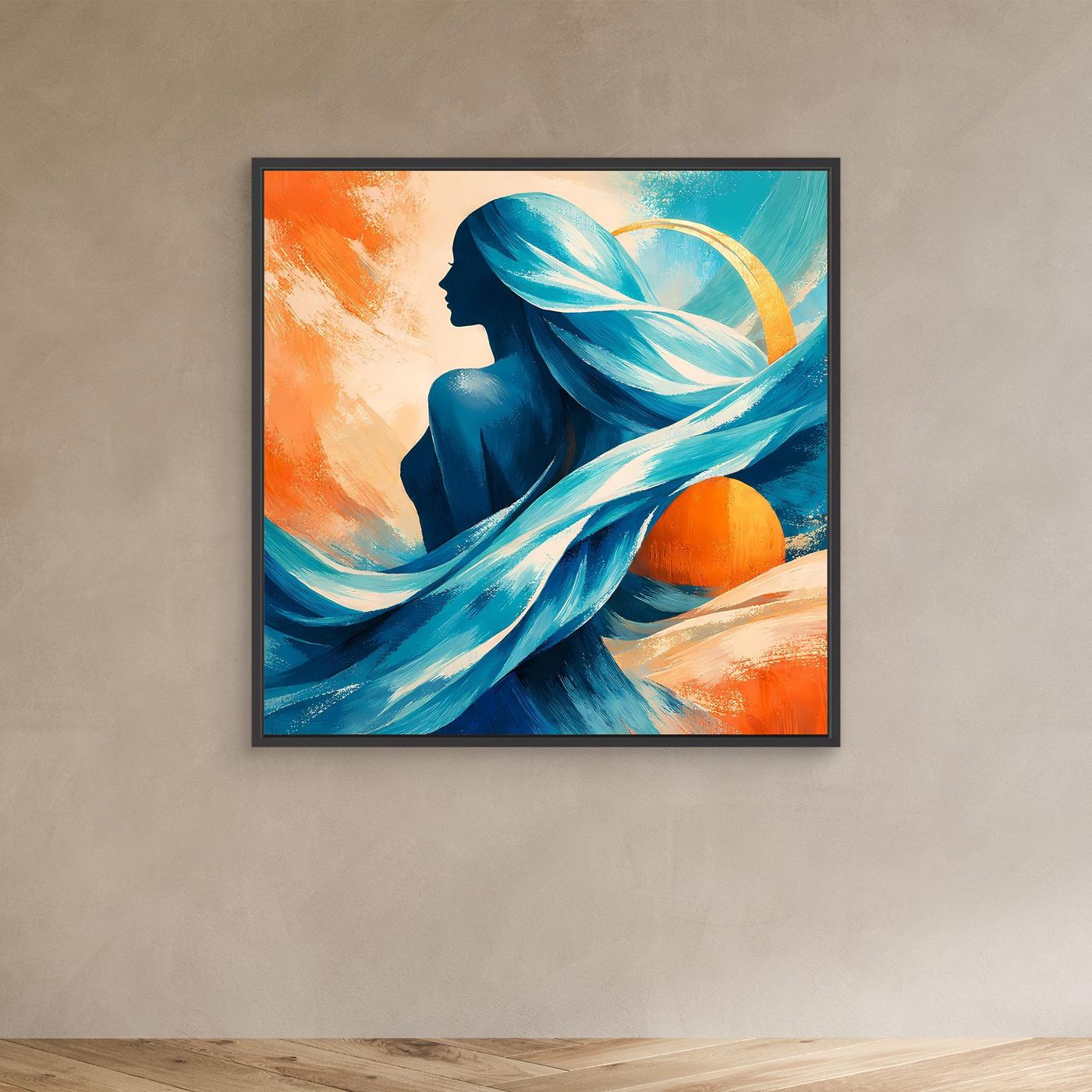 Quadratisches Leinwandbild mit Porträt einer Frau in Blau und Orange, schwarzer Rahmen