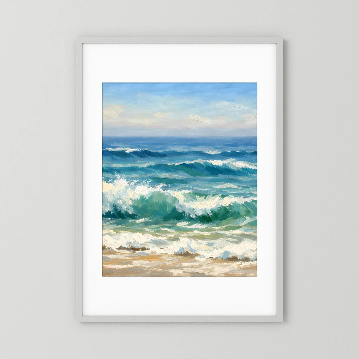Wandbild-Poster mit Meereswellen im Hochformat, weißer Rahmen mit weißem Rand
