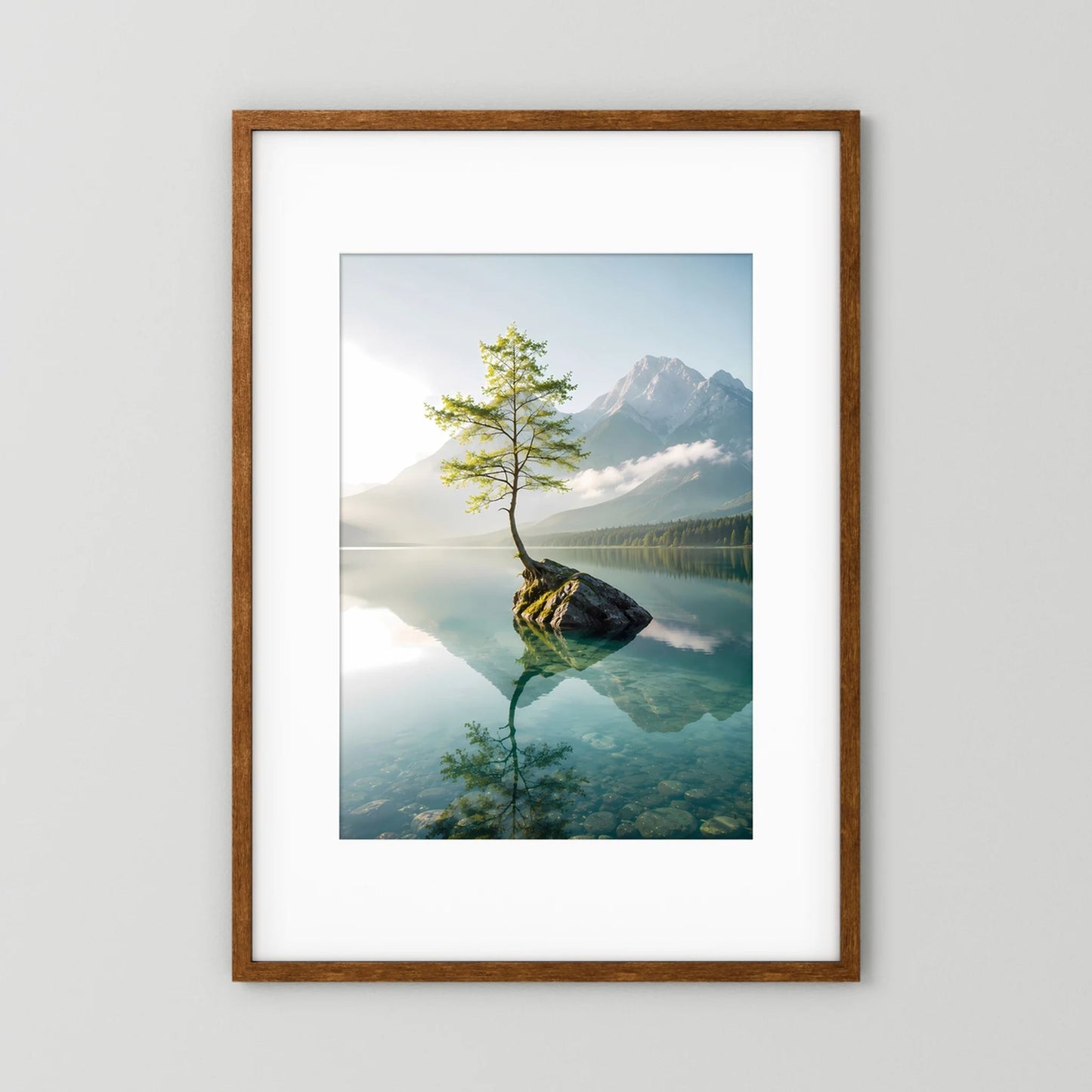Baum im Bergsee | Stille Berglandschaft mit Spiegelung | Poster Hochformat