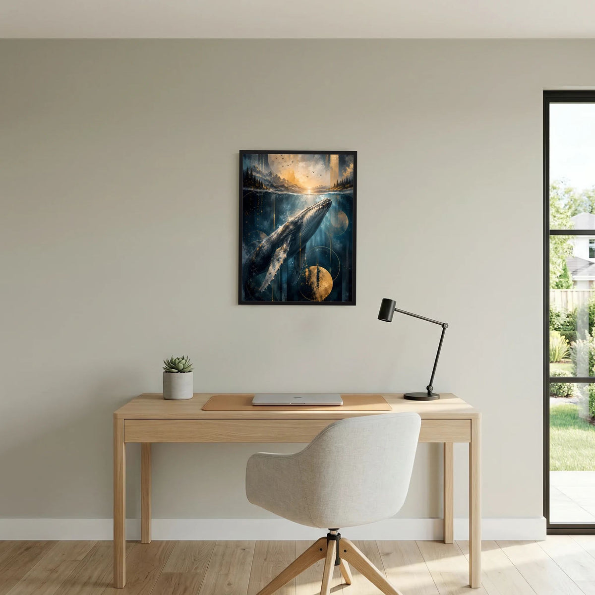 Gerahmtes Hochformat-Poster: Pottwal unter Wasser mit blauem Wasser und Goldlicht