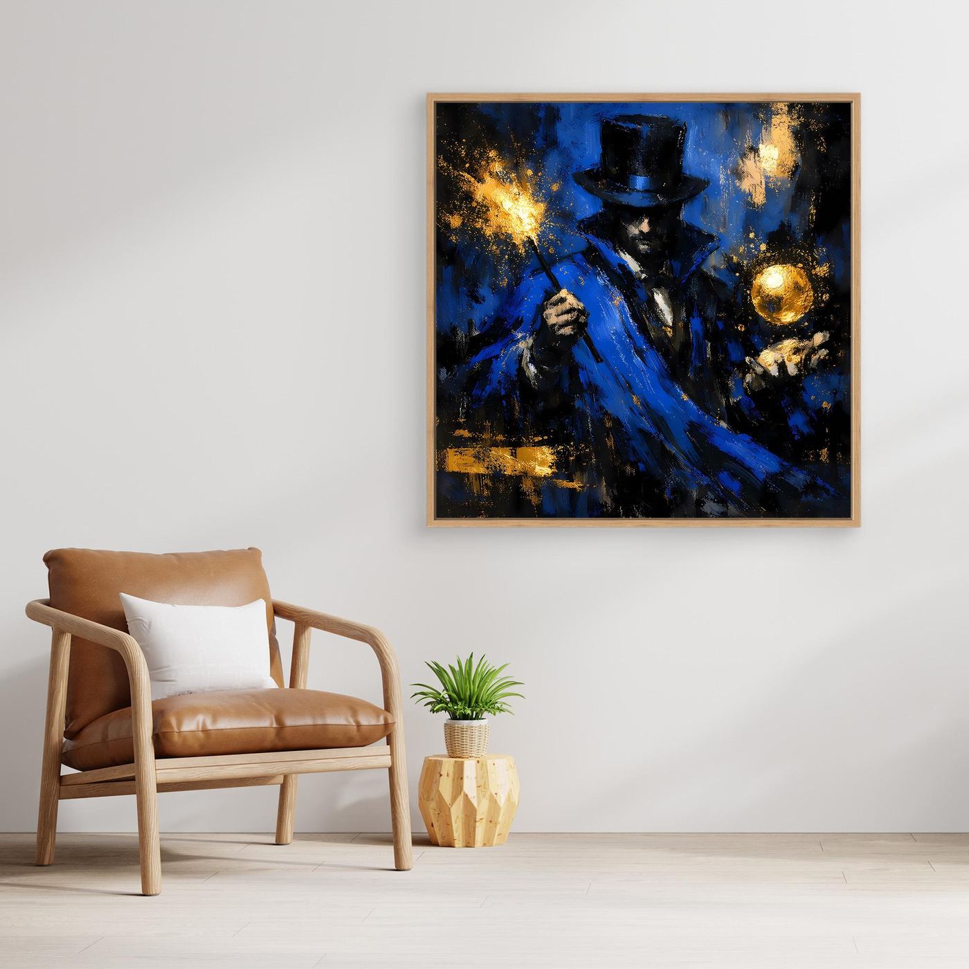 Leinwand Mystischer Magier in Blau und Gold | Abstraktes Fantasy Wandbild Moderne Kunst