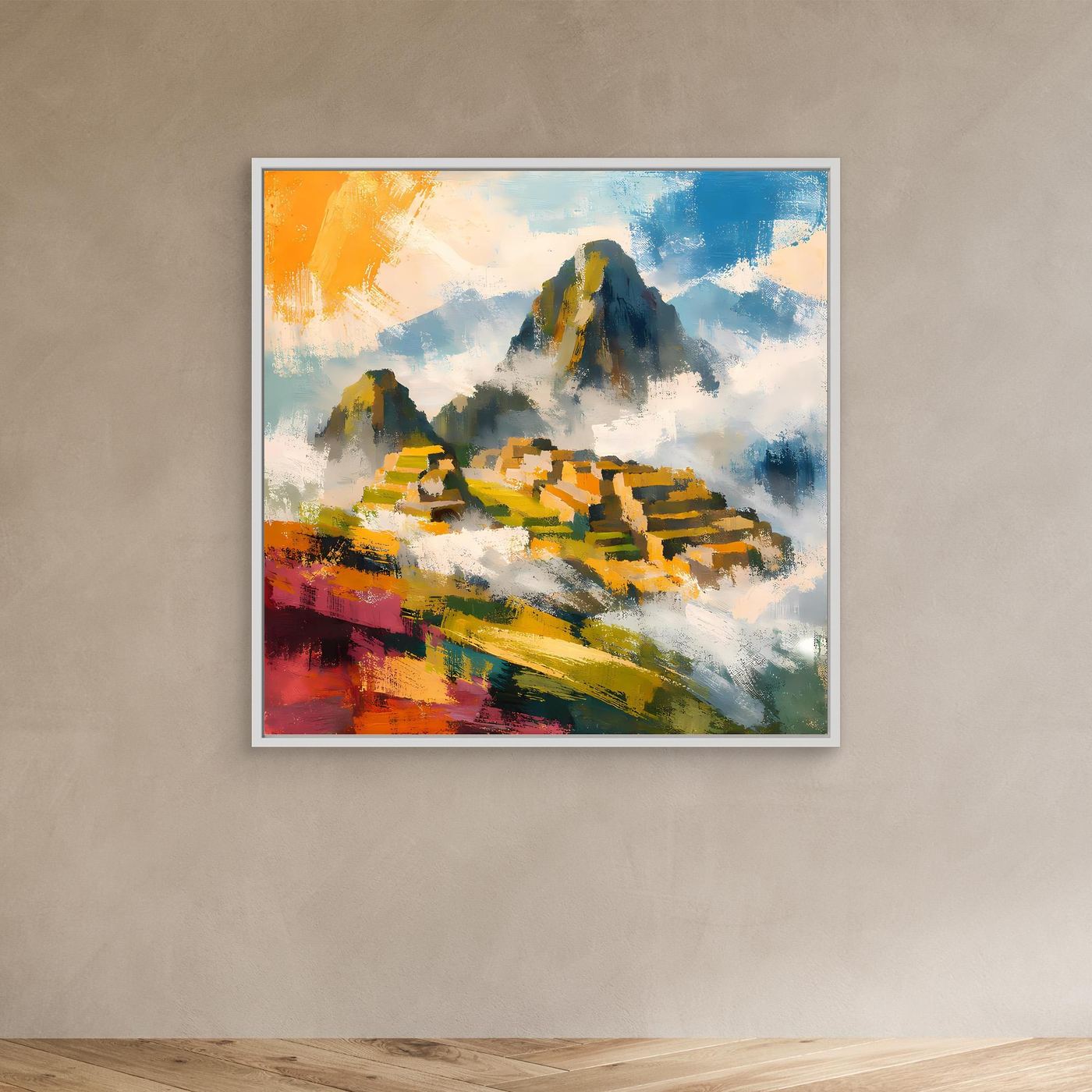Quadratisches Leinwand-Wandbild mit Inka-Ruinen und Bergmassiv, bunt, im weißen Rahmen.