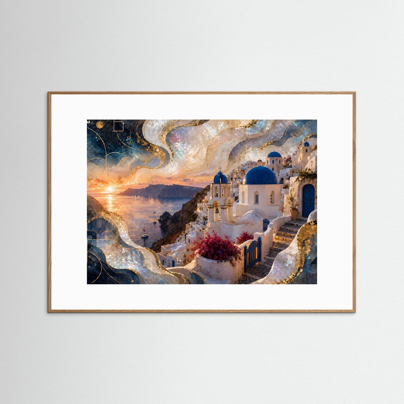 Gerahmtes Poster Querformat mit Santorini-Landschaft: Meer bei Sonnenaufgang, weiße Häuser