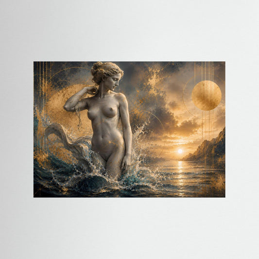 Querformat-Poster mit nackter Frauenfigur im Meer, goldener Sonnenlandschaft und Wellen