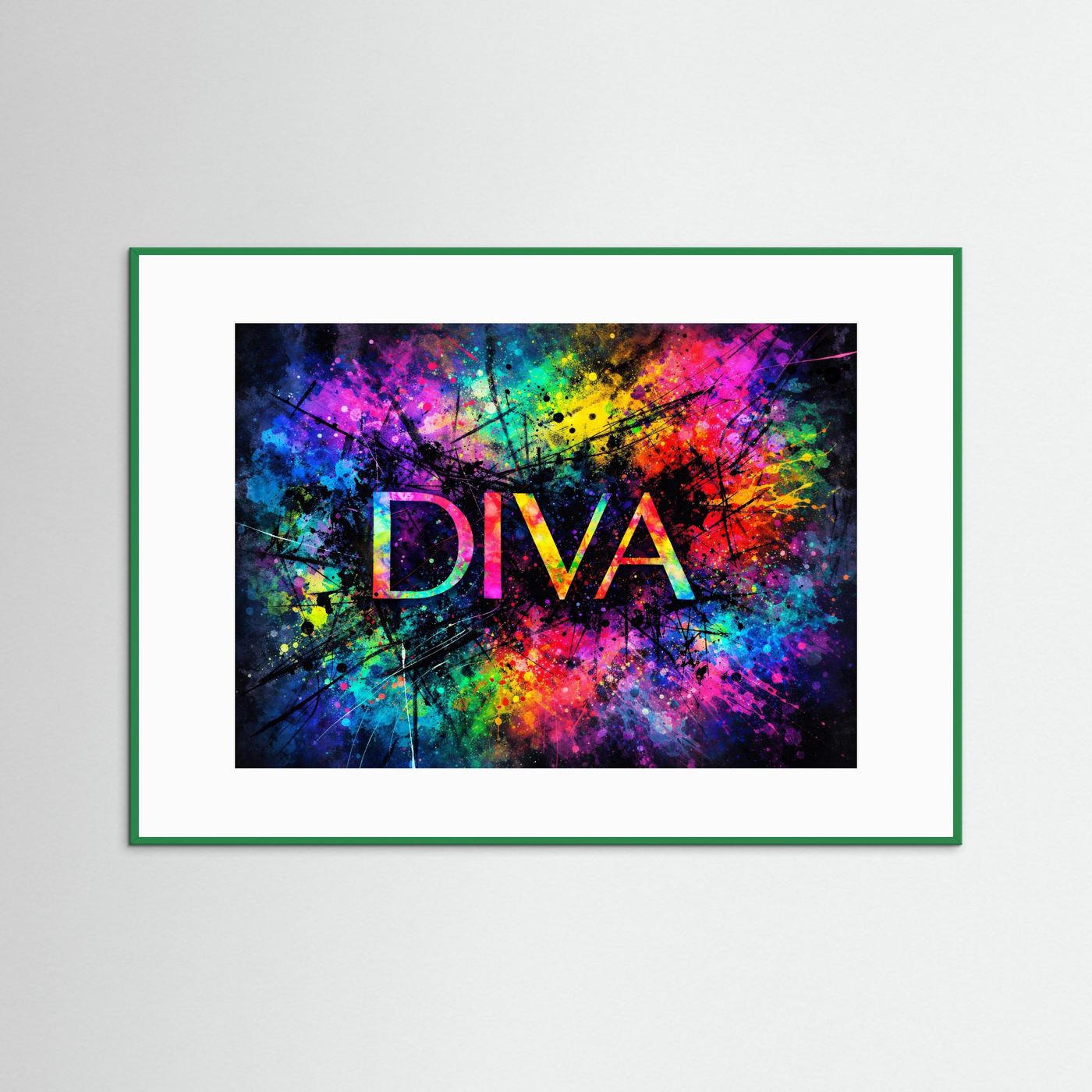 Gerahmtes Wandbild mit DIVA-Schriftzug im bunten Farbspritzer-Design, grüner Rahmen
