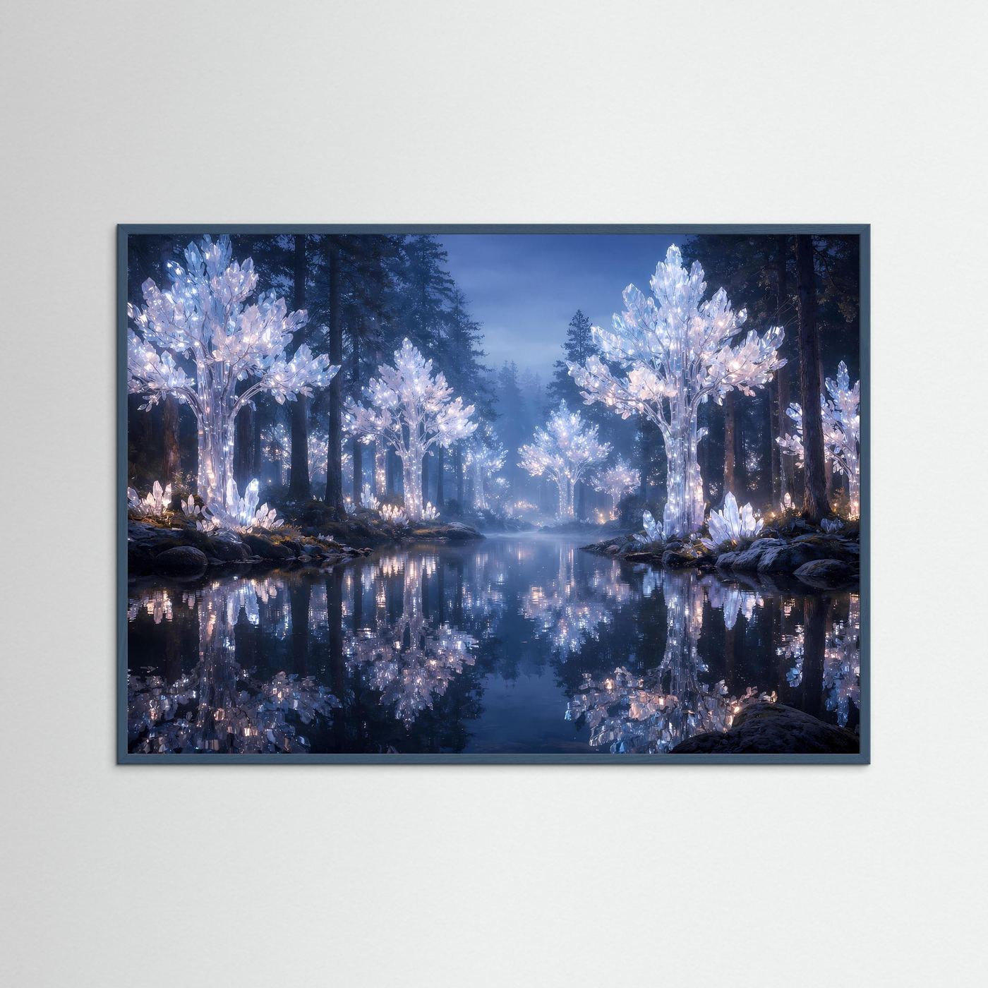 Wandbild mit leuchtendem Kristallwald am Flussufer, blaues Motiv, schwarzer Rahmen